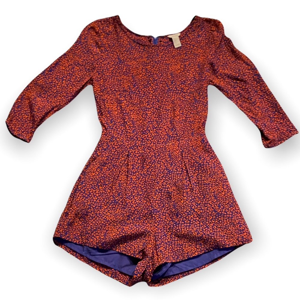 Short romper in blue and orange leopard print with zipper down the back S
